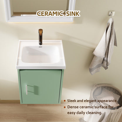 16" Floating Bathroom Vanity with Sink, Modern Wall Mounted Bathroom Vanity with Glossy White Ceramic Sink & Countertop, Soft Close Door, Plywood Storage Cabinet,Green