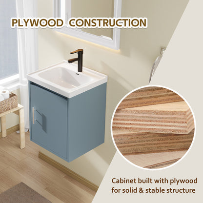 16" Floating Bathroom Vanity with Sink, Modern Wall Mounted Bathroom Vanity with Glossy White Ceramic Sink & Countertop, Soft Close Door, Plywood Storage Cabinet,Blue