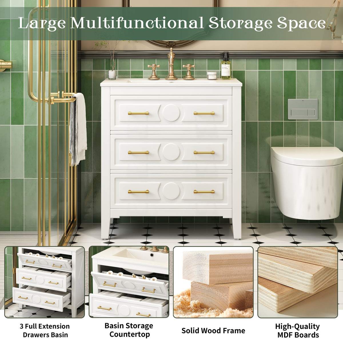 30" Bathroom Vanity with Sink, Black Bathroom Vanity with 3 Drawers & Carved Detail, Ceramic Sink for 4" Centerset Faucet with Overflow, Solid Pine Wood Frame,White