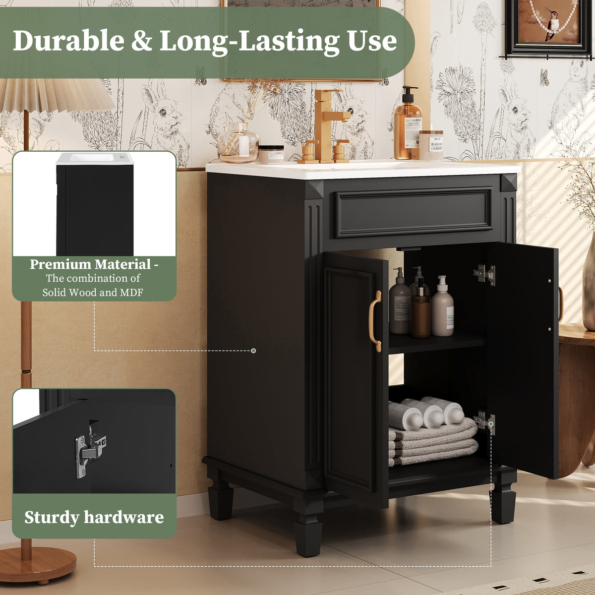 24" Bathroom Vanity with Sink, French Style Bathroom Vanity with Carved Legs & Drawer, Adjustable Shelf, Back Cutout for Plumbing, Soft Close Door,Black