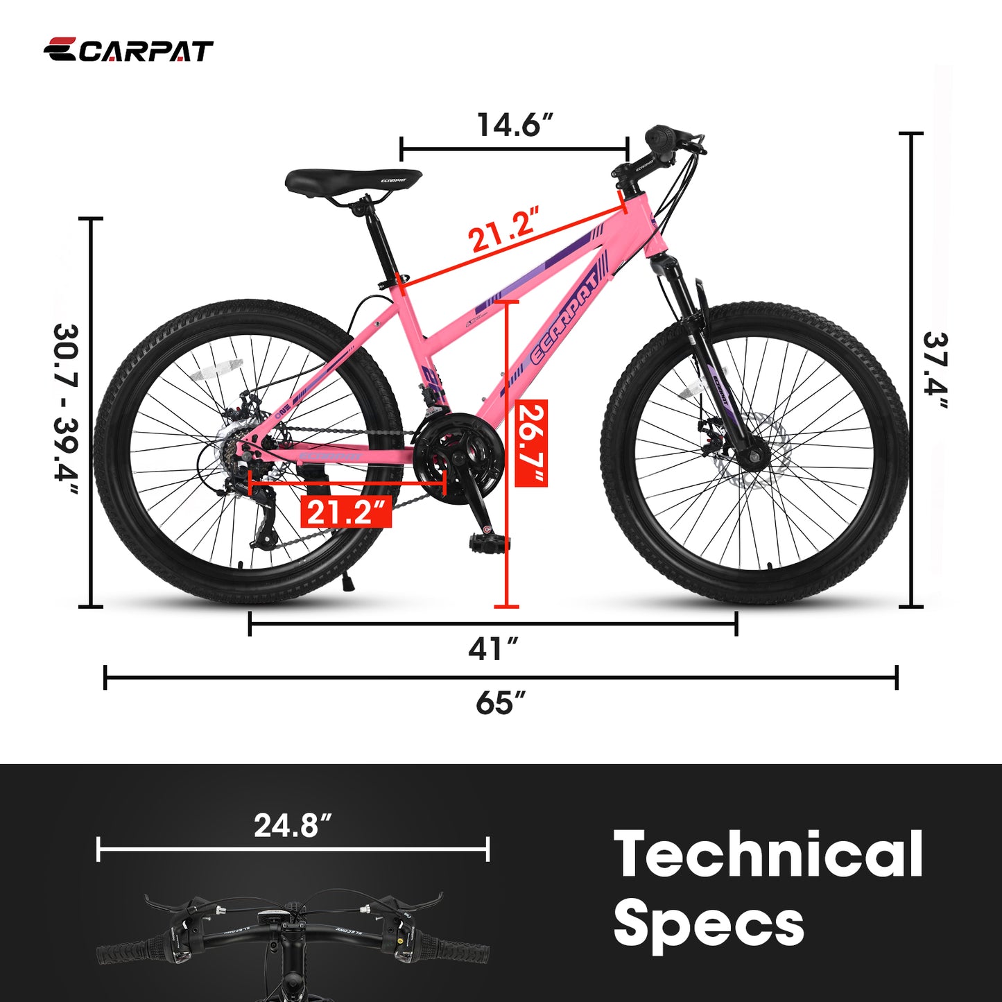 26 inch Mountain Bike 21 Speed, Dual Disc Brake, Front Suspension For Boy Girl, Pink,85% Assembled