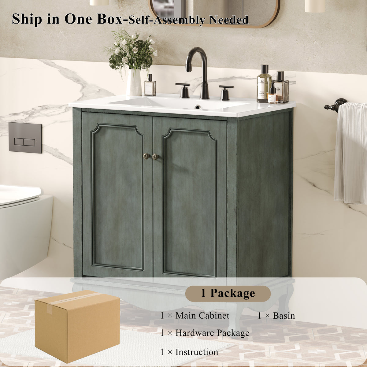 31" Bathroom Vanity with Sink, Antique Bathroom Vanity with Rectangular Ceramic Sink & Tip-Out Tray, Rubber Wood Legs, Soft Close Door,Antique blue green