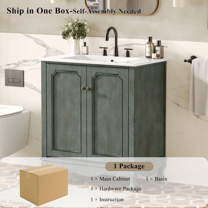 31" Bathroom Vanity with Sink, Antique Bathroom Vanity with Rectangular Ceramic Sink & Tip-Out Tray, Rubber Wood Legs, Soft Close Door,Antique blue green