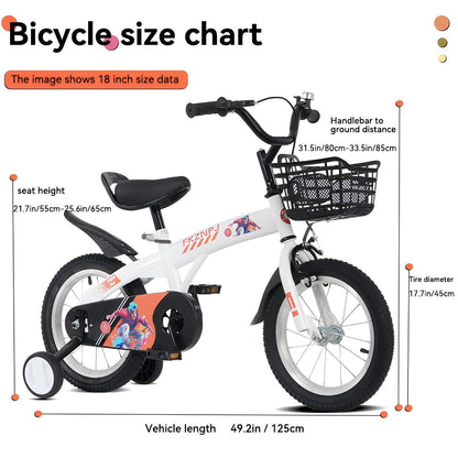 18 inch kids bike with training wheels,stand Adjustable saddle Suitable for boys and girls aged 5-10 years, tall Height 45-57 inch