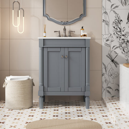 24" Bathroom Vanity with Sink, French Style Small Bathroom Vanity with Semi-Circular Column Design, Ceramic Sink with Overflow, Soft Close Door,Grey