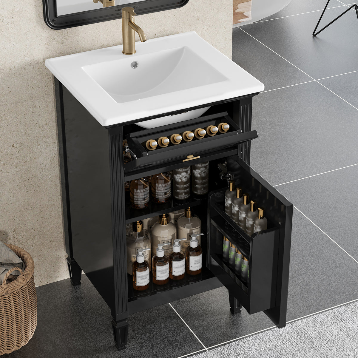 20" Bathroom Vanity with Sink, Small Freestanding Bathroom Vanity Cabinet with Tilt-Out Drawer & Adjustable Shelf, Soft Close Door, Gold Knobs,Black