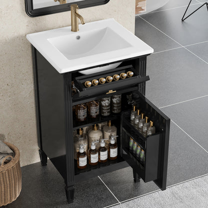 20" Bathroom Vanity with Sink, Small Freestanding Bathroom Vanity Cabinet with Tilt-Out Drawer & Adjustable Shelf, Soft Close Door, Gold Knobs,Black