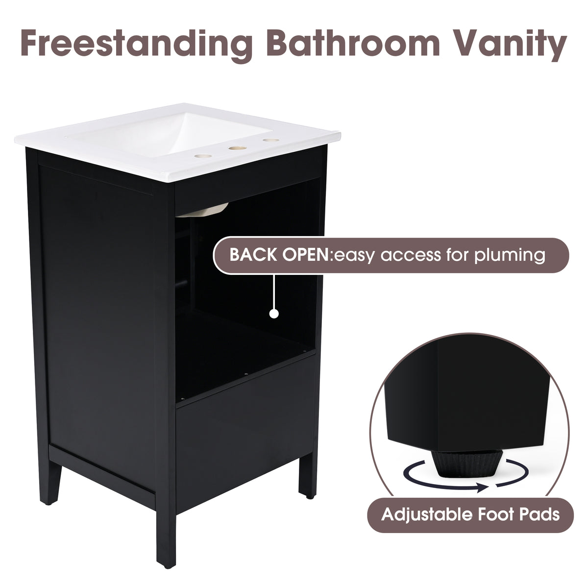 20" Bathroom Vanity with Sink, Half-Moon Ceramic Sink Basin with 3-Hole Faucet Mount, Bathroom Storage Cabinet with Drawer & Door Rack, Retro Gold Handle, Black