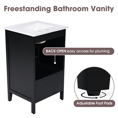 20" Bathroom Vanity with Sink, Half-Moon Ceramic Sink Basin with 3-Hole Faucet Mount, Bathroom Storage Cabinet with Drawer & Door Rack, Retro Gold Handle, Black