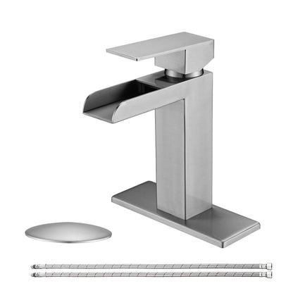 Bathroom Single Hole Three Hole Waterfall Sink Faucet Brushed Nickel Single Handle with Deck Plate and Pop-up Drain  W1224P224286