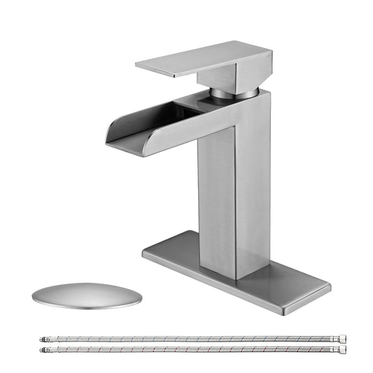 Bathroom Single Hole Three Hole Waterfall Sink Faucet Brushed Nickel Single Handle with Deck Plate and Pop-up Drain  W1224P224286