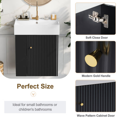 21.6" Floating Bathroom Vanity with Sink, Slim Wall Mounted Bathroom Vanity with Ceramic Basin & Overflow, Wave Pattern Door with Rose Gold Handle, Soft Close Door,Black