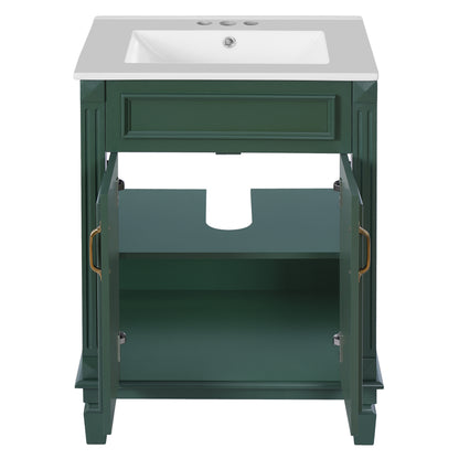 24" Bathroom Vanity with Sink, French Style Bathroom Vanity with Carved Legs & Drawer, Adjustable Shelf, Back Cutout for Plumbing, Soft Close Door,Green