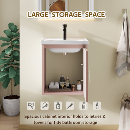 16" Floating Bathroom Vanity with Sink, Modern Wall Mounted Bathroom Vanity with Glossy White Ceramic Sink & Countertop, Soft Close Door, Plywood Storage Cabinet,Pink