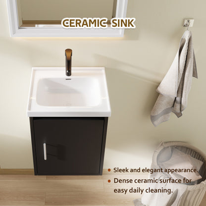 16" Floating Bathroom Vanity with Sink, Modern Wall Mounted Bathroom Vanity with Glossy White Ceramic Sink & Countertop, Soft Close Door, Plywood Storage Cabinet,Black