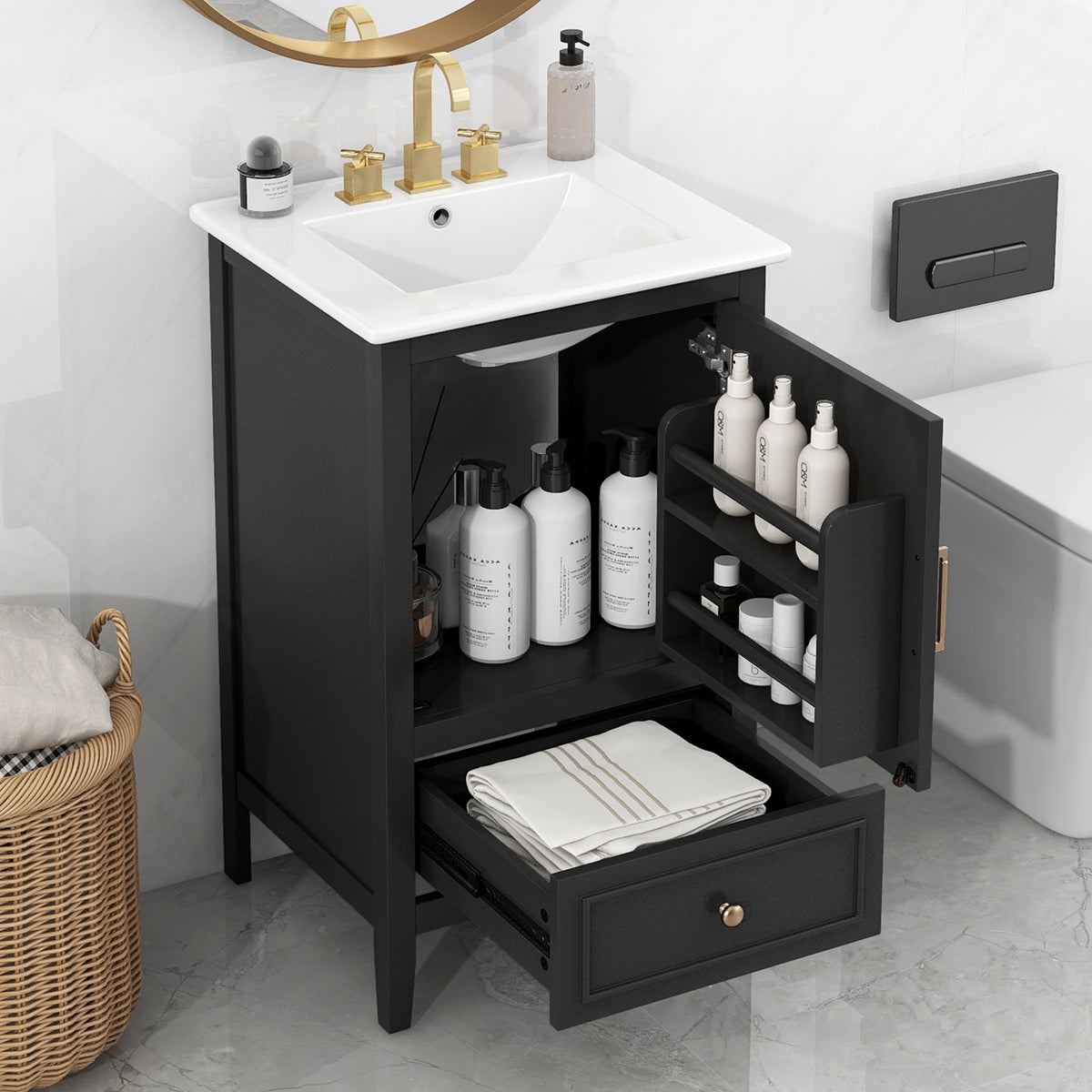 20" Bathroom Vanity with Sink, Half-Moon Ceramic Sink Basin with 3-Hole Faucet Mount, Bathroom Storage Cabinet with Drawer & Door Rack, Retro Gold Handle, Black