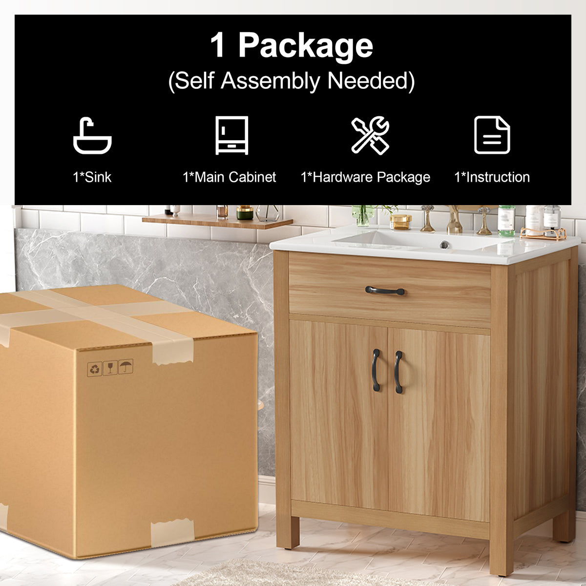 30" Bathroom Vanity with Sink, Modern Bathroom Vanity with Double Door Shelves & U-Shaped Adjustable Shelf, Ceramic Sink with Overflow, Soft Close Door,Acacia Wood