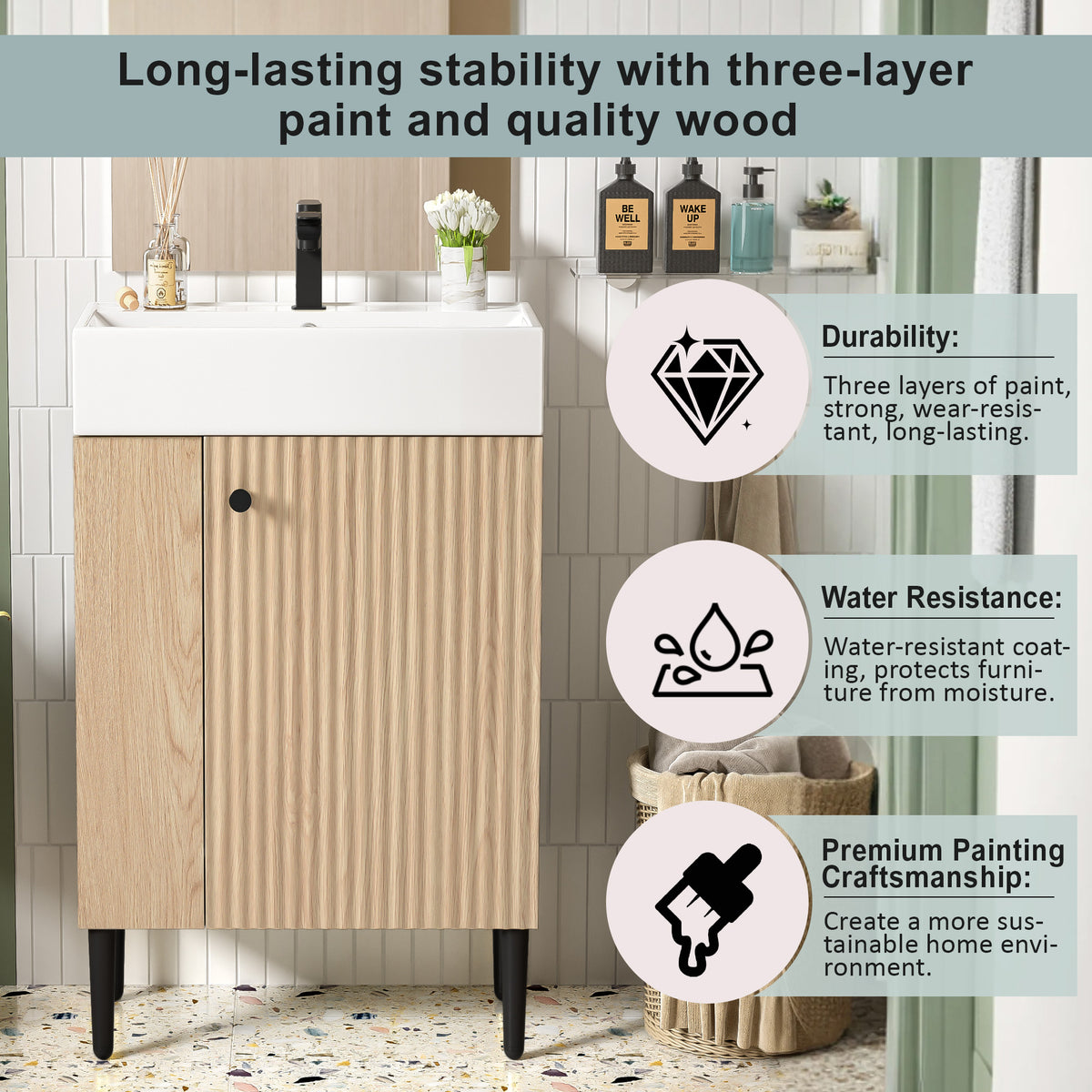 21.6" Bathroom Vanity with Sink, Slim Freestanding Bathroom Vanity Cabinet with Ceramic Sink & Overflow, Gold Metal Legs, Soft Close Door, for Small Bathroom,,Wood
