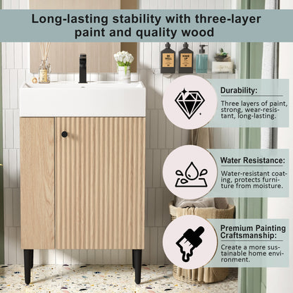 21.6" Bathroom Vanity with Sink, Slim Freestanding Bathroom Vanity Cabinet with Ceramic Sink & Overflow, Gold Metal Legs, Soft Close Door, for Small Bathroom,,Wood