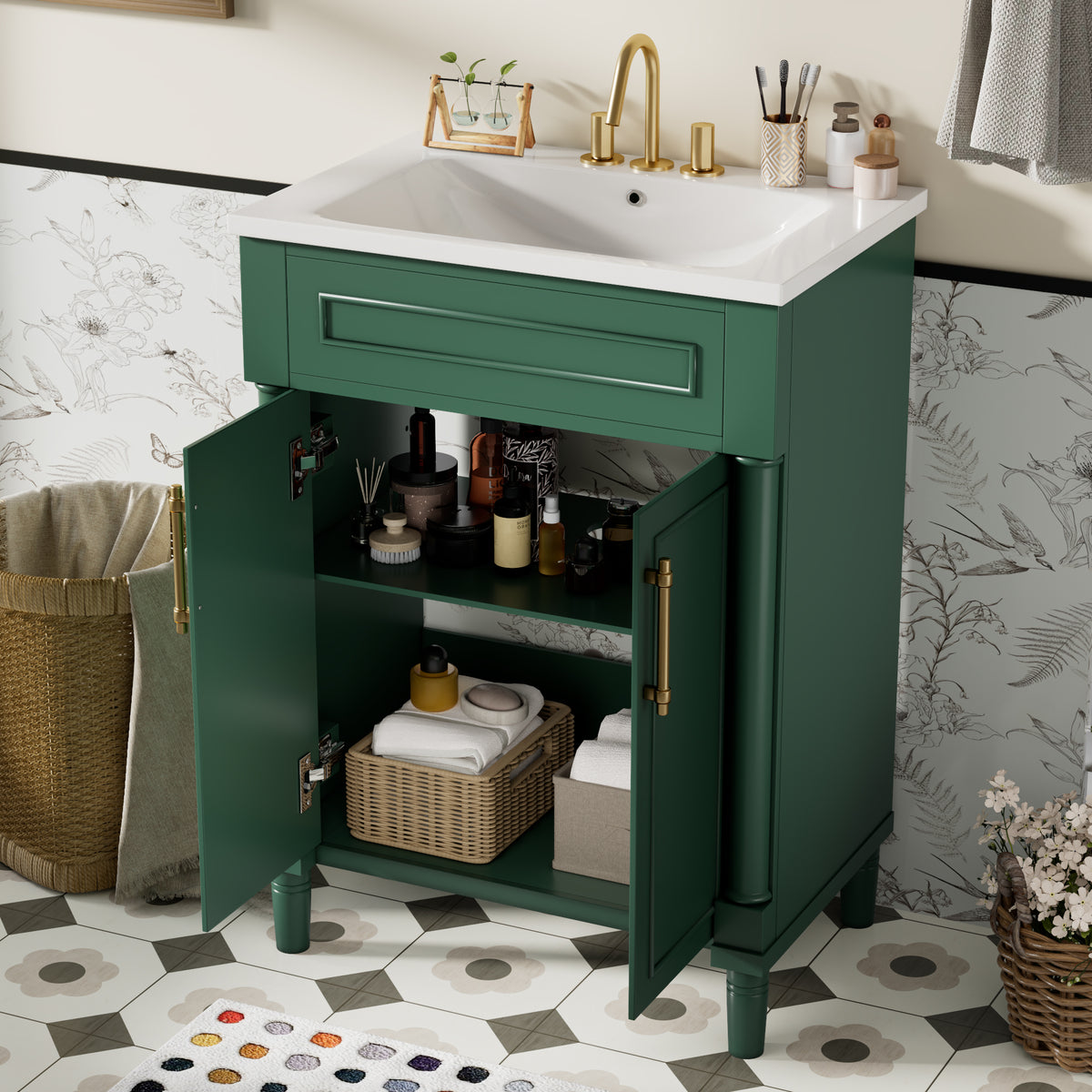 24" Bathroom Vanity with Sink, Modern Bathroom Vanity with Half-Moon Ceramic Sink for 4" Faucet, Adjustable Shelf & Painted Finish, for Small Bathroom,Green