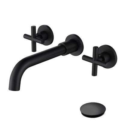 Bathroom Sink Faucet Brushed Matte Black Double Handles Wall Mounted With Pop-up Drain W928P261553