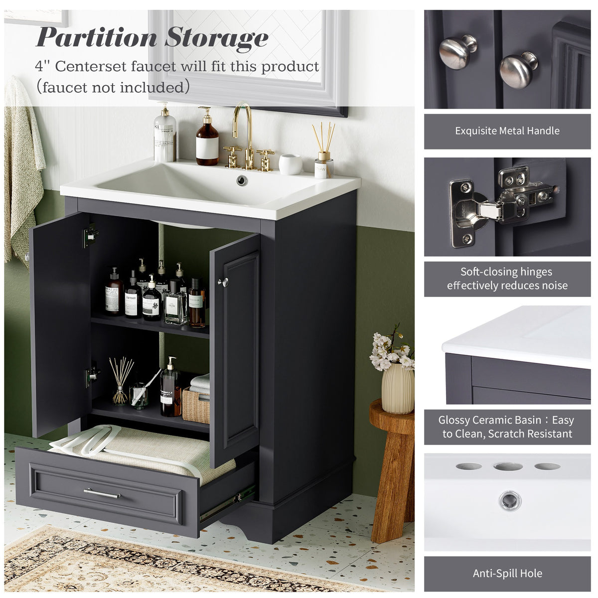 24" Bathroom Vanity with Sink, Modern Bathroom Vanity with White Ceramic Sink & Drawer, 3-Level Adjustable Shelf, Solid Wood Frame, for Small Bathroom,Blue Grey