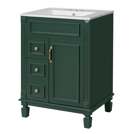 24" Bathroom Vanity with Sink, French Style Bathroom Vanity with 2 Deep Drawers & Adjustable Shelf, Ceramic Sink for 4-Inch Faucet, Soft Close Door,Green