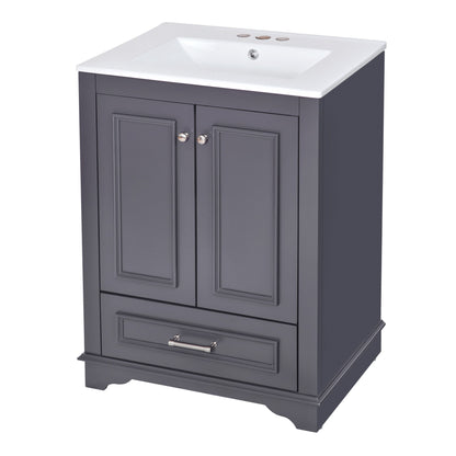 24" Bathroom Vanity with Sink, Modern Bathroom Vanity with White Ceramic Sink & Drawer, 3-Level Adjustable Shelf, Solid Wood Frame, for Small Bathroom,Blue Grey