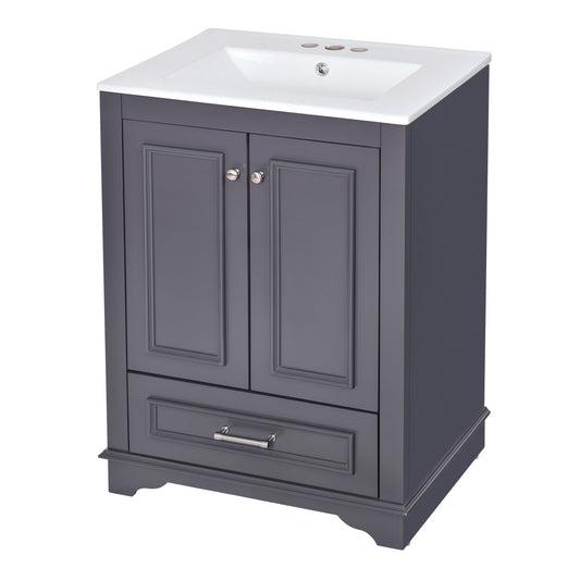 24" Bathroom Vanity with Sink, Modern Bathroom Vanity with White Ceramic Sink & Drawer, 3-Level Adjustable Shelf, Solid Wood Frame, for Small Bathroom,Blue Grey