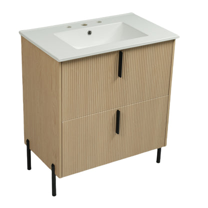 30" Bathroom Vanity with Sink, Black Fluted Bathroom Vanity with Undermount Drawer Slides & White Ceramic Basin, Finger Pull Design, Full Extension Drawers,Natural