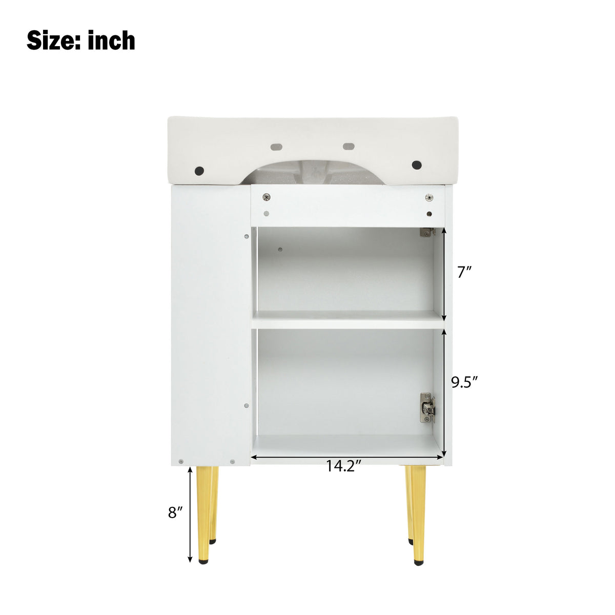 21.6" Bathroom Vanity with Sink, Slim Freestanding Bathroom Vanity Cabinet with Ceramic Sink & Overflow, Gold Metal Legs, Soft Close Door, for Small Bathroom,,White