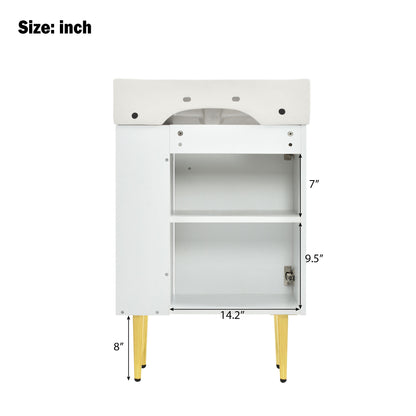 21.6" Bathroom Vanity with Sink, Slim Freestanding Bathroom Vanity Cabinet with Ceramic Sink & Overflow, Gold Metal Legs, Soft Close Door, for Small Bathroom,,White