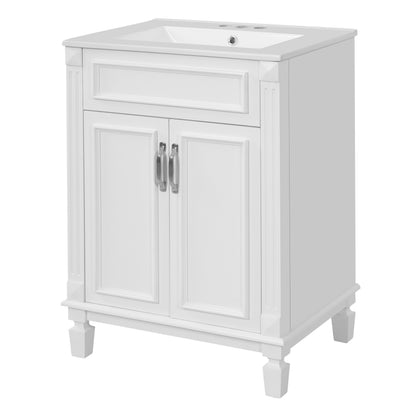 24" Bathroom Vanity with Sink, French Style Bathroom Vanity with Carved Legs & Drawer, Adjustable Shelf, Back Cutout for Plumbing, Soft Close Door,White