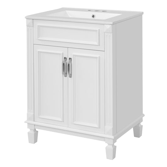 24" Bathroom Vanity with Sink, French Style Bathroom Vanity with Carved Legs & Drawer, Adjustable Shelf, Back Cutout for Plumbing, Soft Close Door,White