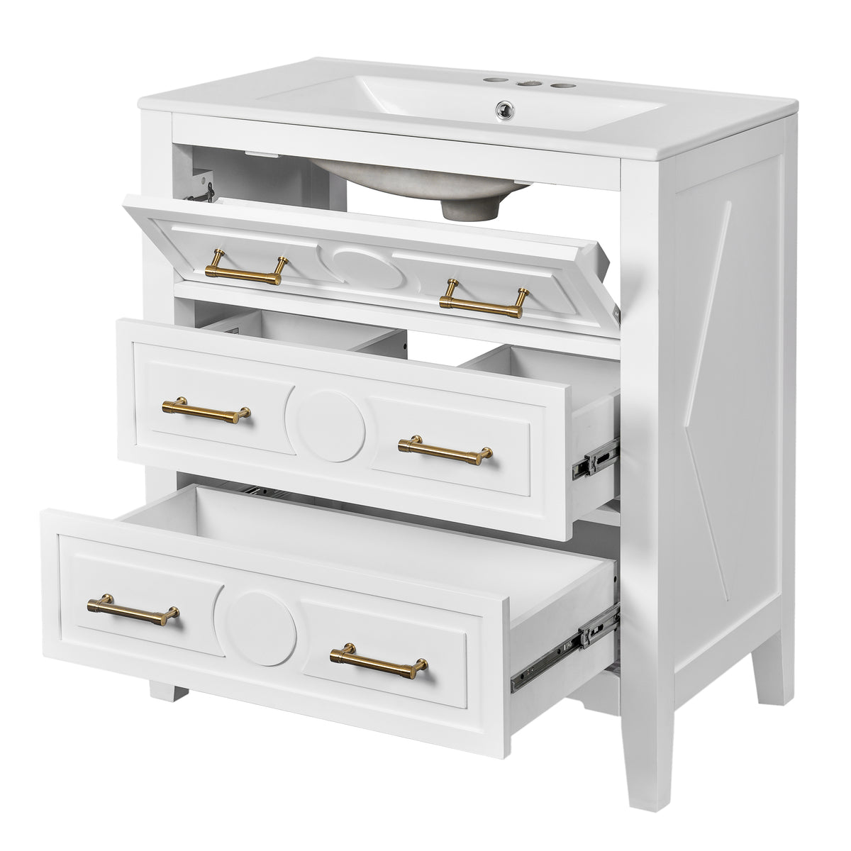 30" Bathroom Vanity with Sink, Black Bathroom Vanity with 3 Drawers & Carved Detail, Ceramic Sink for 4" Centerset Faucet with Overflow, Solid Pine Wood Frame,White