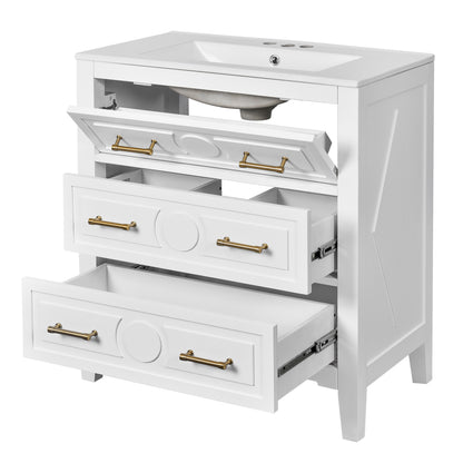 30" Bathroom Vanity with Sink, Black Bathroom Vanity with 3 Drawers & Carved Detail, Ceramic Sink for 4" Centerset Faucet with Overflow, Solid Pine Wood Frame,White