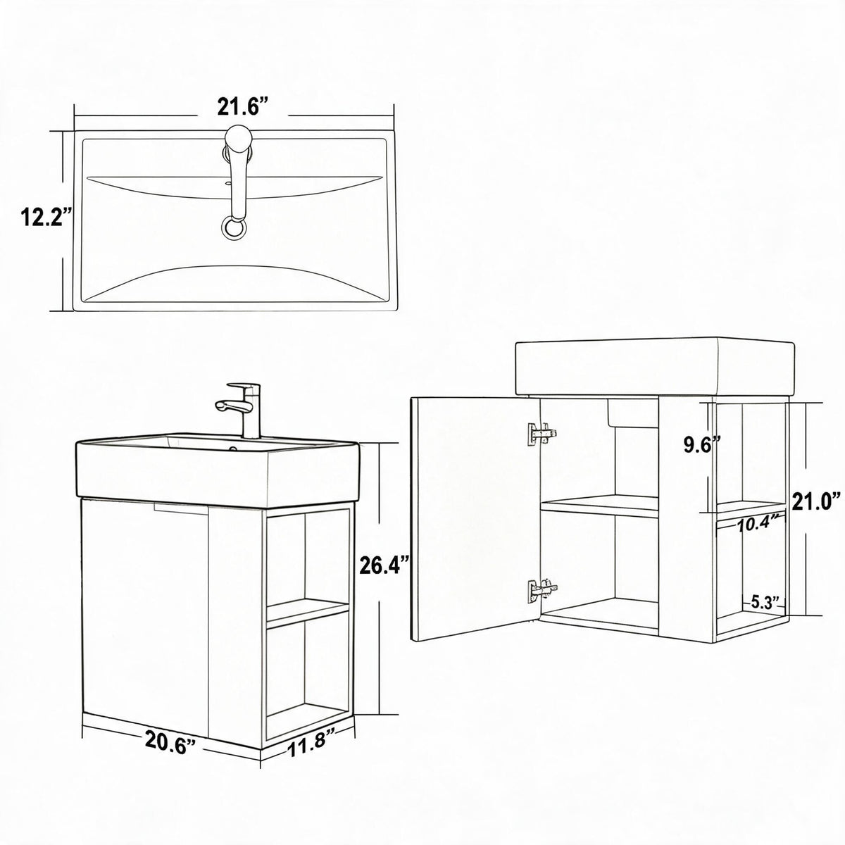 21.6" Floating Bathroom Vanity with Sink, Modern Wall Mounted Bathroom Vanity with Glossy White Ceramic Sink & Countertop, Soft Close Door, Plywood Storage Cabinet,Grey