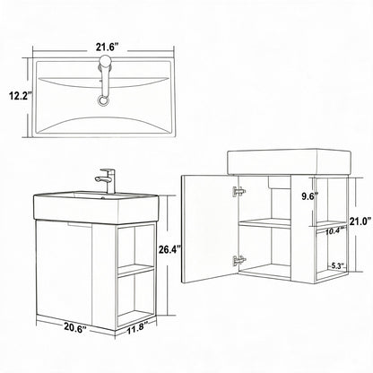 21.6" Floating Bathroom Vanity with Sink, Modern Wall Mounted Bathroom Vanity with Glossy White Ceramic Sink & Countertop, Soft Close Door, Plywood Storage Cabinet,Grey