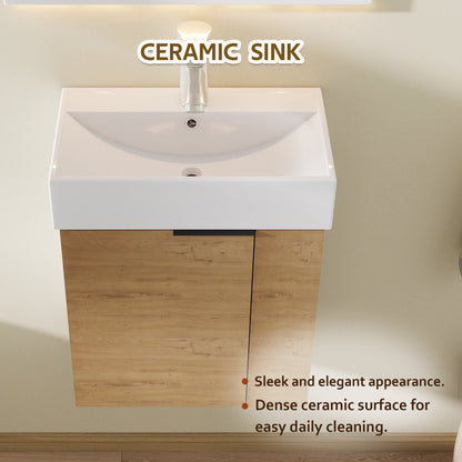 21.6" Floating Bathroom Vanity with Sink, Modern Wall Mounted Bathroom Vanity with Glossy White Ceramic Sink & Countertop, Soft Close Door, Plywood Storage Cabinet,Oak