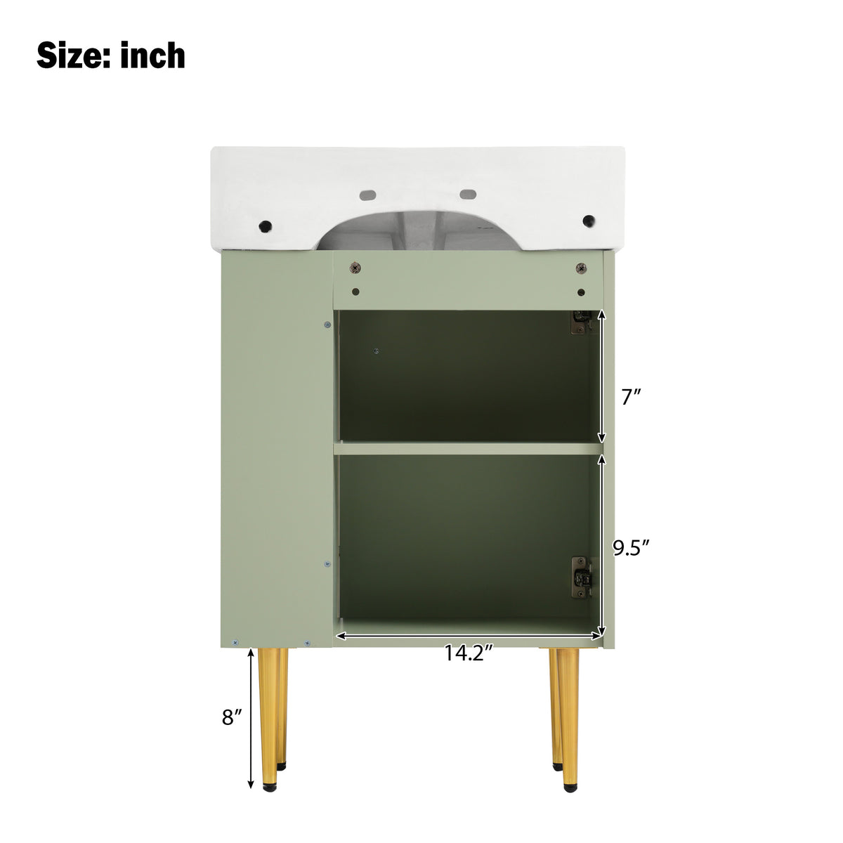 21.6" Bathroom Vanity with Sink, Slim Freestanding Bathroom Vanity Cabinet with Ceramic Sink & Overflow, Gold Metal Legs, Soft Close Door, for Small Bathroom,,Green