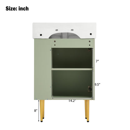 21.6" Bathroom Vanity with Sink, Slim Freestanding Bathroom Vanity Cabinet with Ceramic Sink & Overflow, Gold Metal Legs, Soft Close Door, for Small Bathroom,,Green