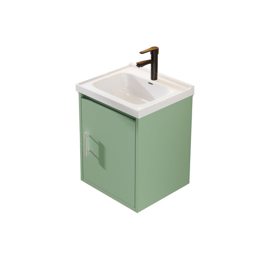 16" Floating Bathroom Vanity with Sink, Modern Wall Mounted Bathroom Vanity with Glossy White Ceramic Sink & Countertop, Soft Close Door, Plywood Storage Cabinet,Green