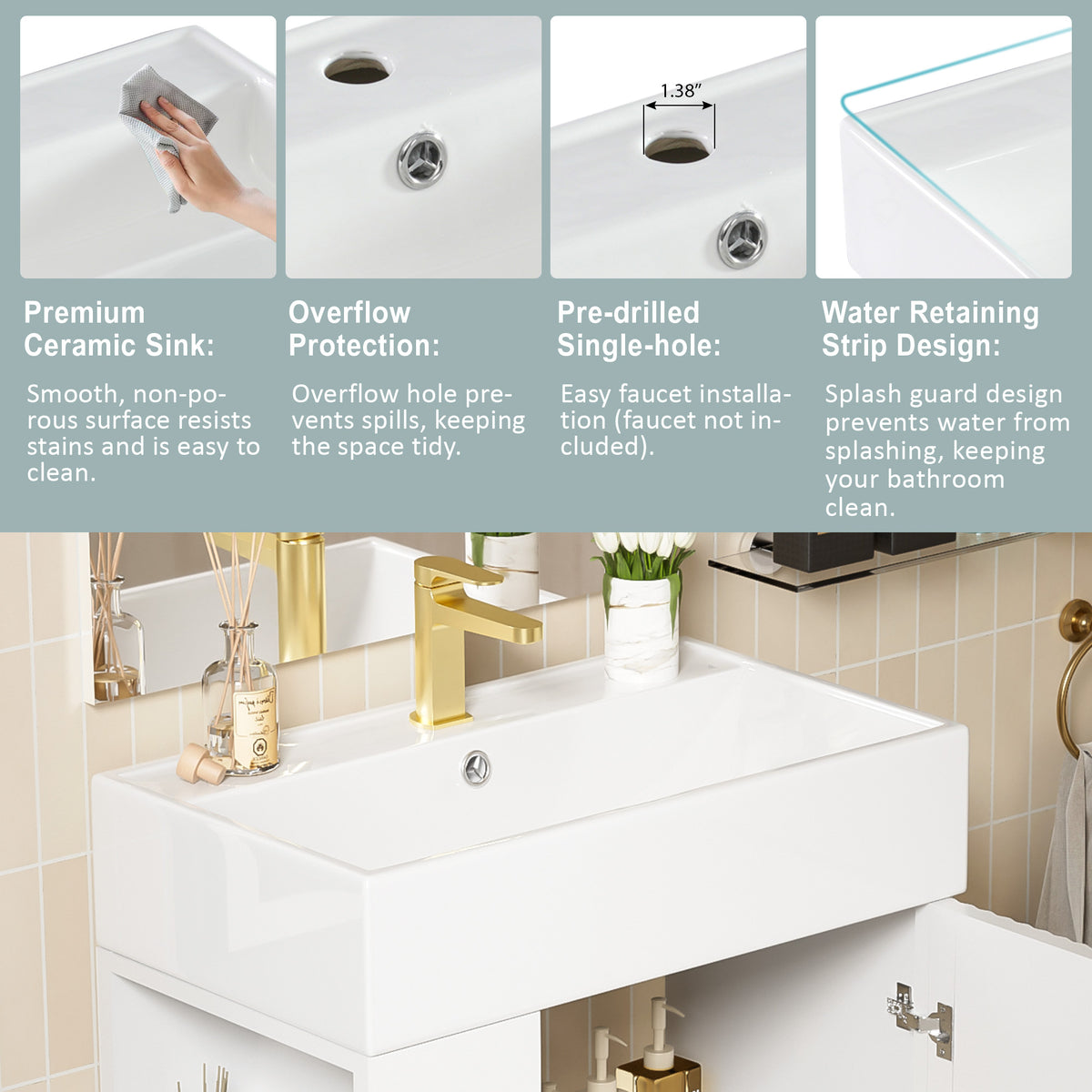 21.6" Bathroom Vanity with Sink, Slim Freestanding Bathroom Vanity Cabinet with Ceramic Sink & Overflow, Gold Metal Legs, Soft Close Door, for Small Bathroom,,White