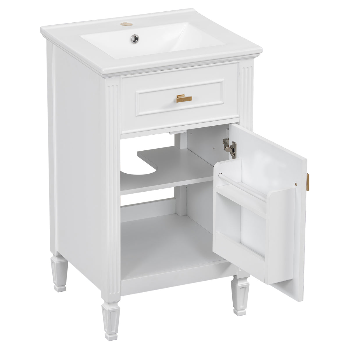 20" Bathroom Vanity with Sink, Small Freestanding Bathroom Vanity Cabinet with Tilt-Out Drawer & Adjustable Shelf, Soft Close Door, Gold Knobs,White