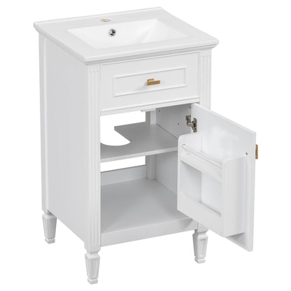 20" Bathroom Vanity with Sink, Small Freestanding Bathroom Vanity Cabinet with Tilt-Out Drawer & Adjustable Shelf, Soft Close Door, Gold Knobs,White