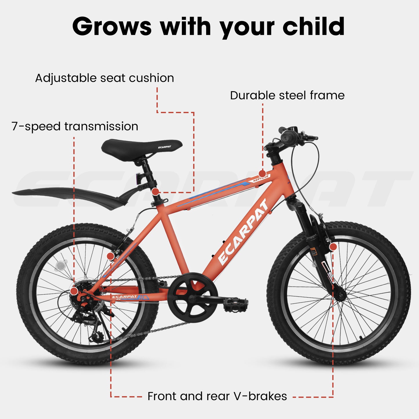 20 Inch Kids Montain Bike Shimano 7 Speed Disc Brake Front Suspension Hard Tail for Boys and Girls ORANGE
