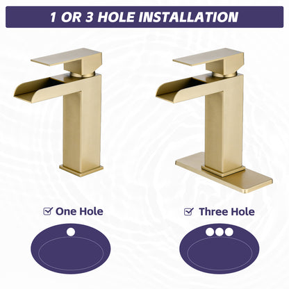 Bathroom Single Hole or Three Holes Waterfall Sink Faucet Brushed Gold Single Handle with Deck Plate and Pop-up Drain W1224P224288