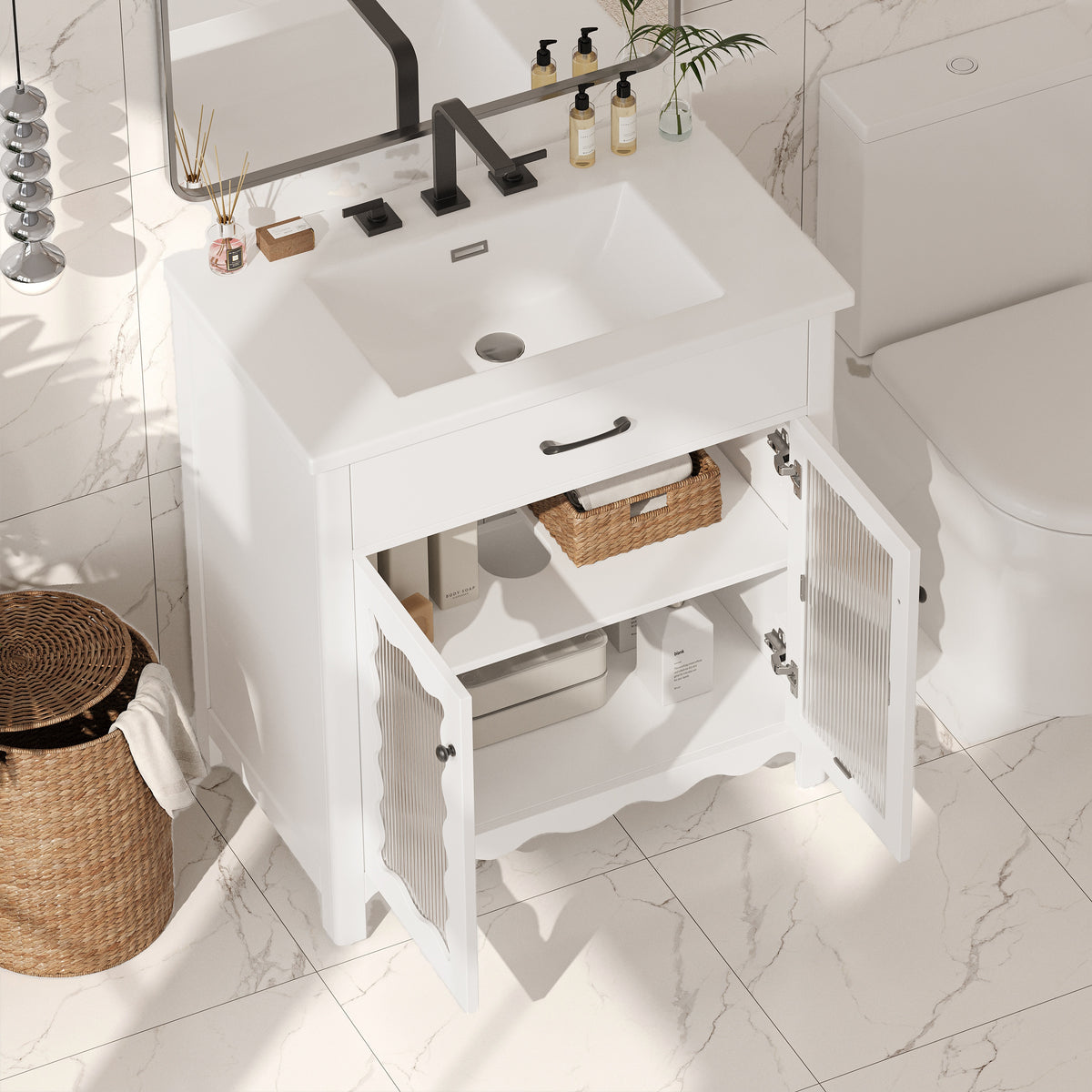 31" Bathroom Vanity with Sink, Modern Bathroom Vanity with Tempered Glass Doors & Deep Ceramic Sink, Soft Close Door, Adjustable Shelf, Curved Design,White