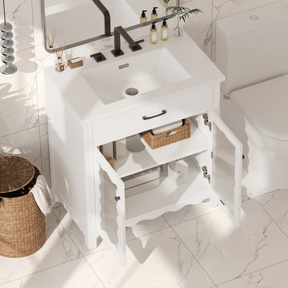 31" Bathroom Vanity with Sink, Modern Bathroom Vanity with Tempered Glass Doors & Deep Ceramic Sink, Soft Close Door, Adjustable Shelf, Curved Design,White