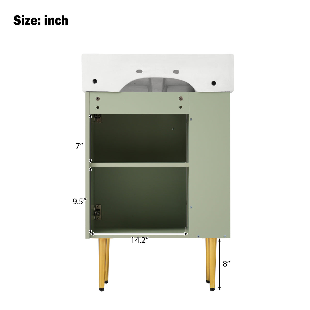 21.6" Bathroom Vanity with Sink, Slim Freestanding Bathroom Vanity Cabinet with Ceramic Sink & Overflow, Gold Metal Legs, Soft Close Door, for Small Bathroom,,Green